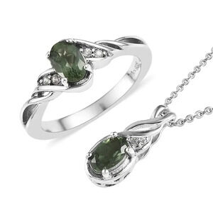 Tanzanian Natural Green Apatite and White Zircon Ring and Pendant Necklace